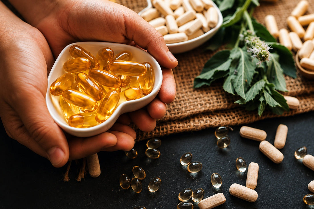 Hands holding a heart shaped dish of omega-3 capsules beside supplement capsules and fresh herbs